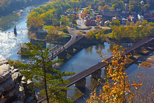 A view on Harpers Ferry town from the outlook in autumn. Aerial view of the point where Potomac and Shenandoah rivers meet each other.