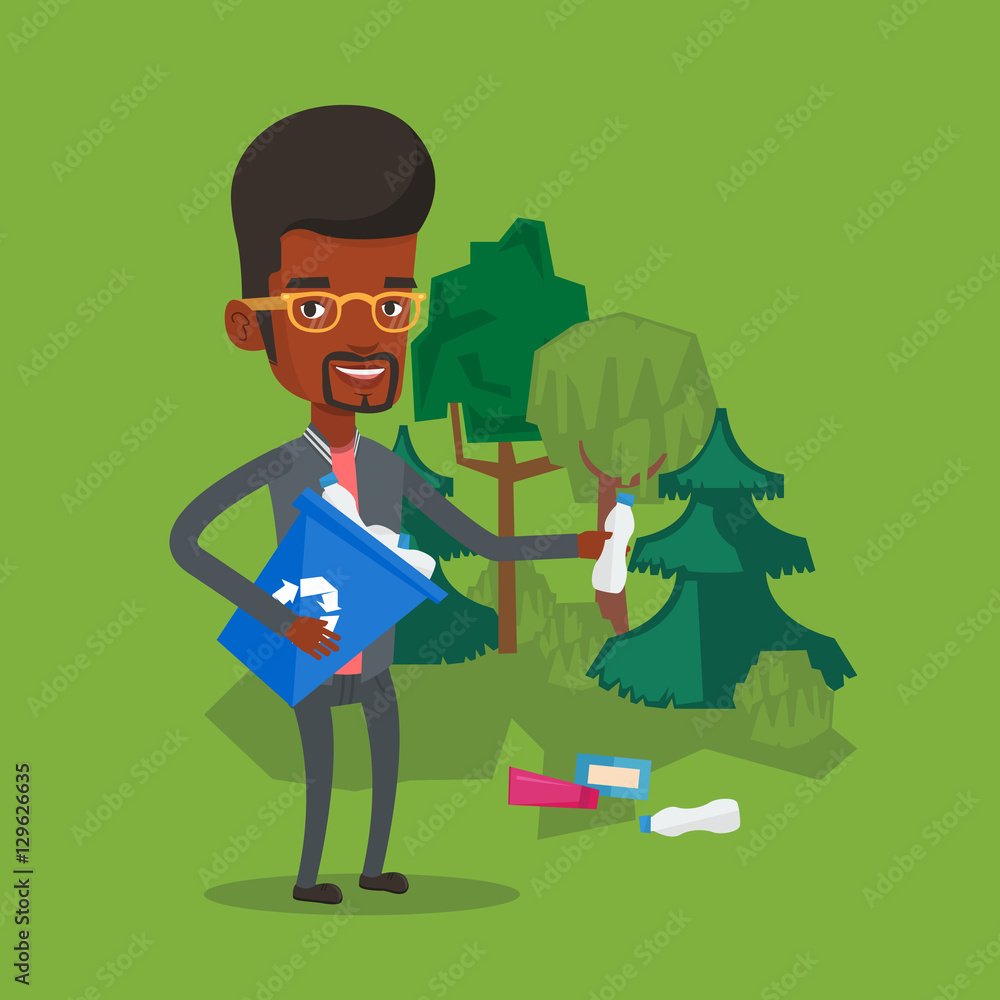 Poster man collecting garbage in forest.