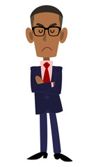 スーツを着用し眼鏡を掛けた黒人の男性が腕組みをして考える
