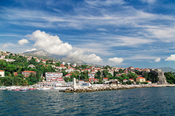 Naklejka premium Panorama view at Herceg Novi city and high mountain, Montenegro