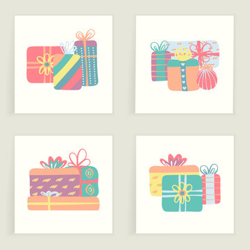 Four cards. Hand drawn creative gifts isolated on white. Colorful artistic backgrounds with presents. It can be used for invitation, thank you message, postcard. Vector illustration, eps10