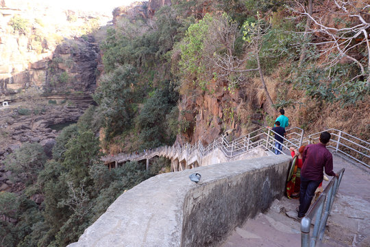 Gapernath cave temple and tourist-cum-religious spot in Kota, India. An adventurous staircase leading down to the place is known for an ancient cave temple of Shiva and a waterfall.