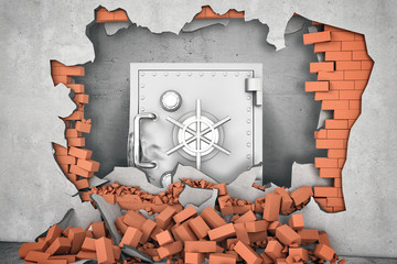 Metal damaged safety box standing near the hole in the wall with a pile of red bricks