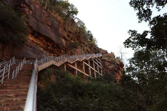 Gapernath cave temple and tourist-cum-religious spot in Kota, India. An adventurous staircase leading down to the place is known for an ancient cave temple of Shiva and a waterfall.