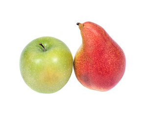 Organic bartlett pear and granny smith apple isolated on white background