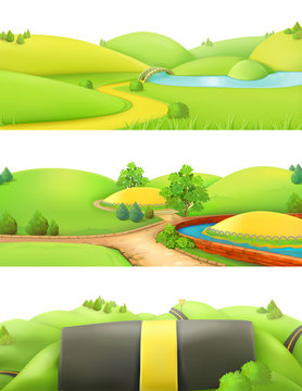 Nature landscape. Park and outdoor. Cartoon game background. 3d vector set