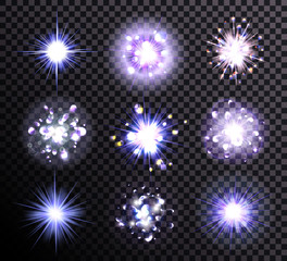 Glowing stars, lights, sparkles bursts, lens flare. Isolated on black transparent background. Elements for design. Purple, mauve, blue, white. Vector illustration, eps 10.