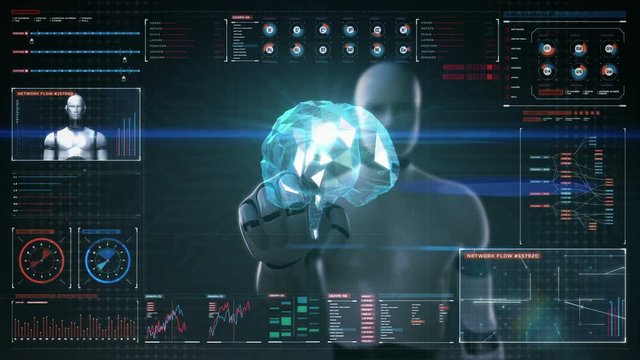 Robot touching digital screen, humanoid, Scanning Brain in digital display dashboard. X-ray view