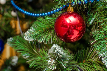 Christmas background red Christmas ball on a Christmas tree 