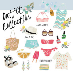Vector of hand drawn fashion illustration. A set of summer outfit collection with flowers and branches.