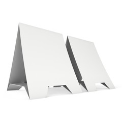 Two blank paper tent cards. 3d render illustration isolated. Table cards mock up on white background.