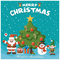 Vintage Christmas poster design with Santa Claus, snowman, elf characters.
