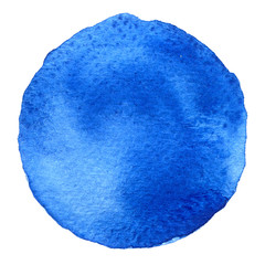 Blue circle shape painted with watercolors isolated on a white background. Watercolor. Sample Trendy colors 2017.