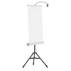 Blank Roll Up Expo Banner Stand on Tripod. Trade show booth white and blank. 3d render illustration isolated on white background. Template mockup for your expo design.