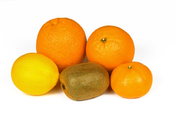 Fresh orange, lemon, tangerine, kiwis isolated on a white background. Ripe fruit full of vitamins.