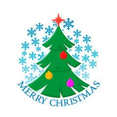 Merry Christmas sticker with the image of a decorated Christmas tree and snowflakes.