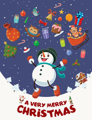 Vintage Christmas poster design with snowman characters.