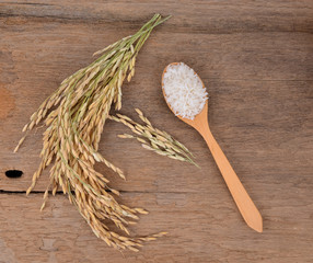 Wooden spoon with rice and paddy pile on wood