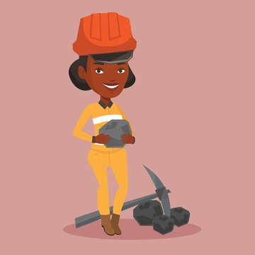 Miner holding coal in hands vector illustration.