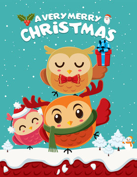 Vintage Christmas poster design with owls characters.
