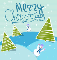 Christmas trees on the snow hills. Winter blue background with falling snow and snowman. Winter`s greeting handwritten calligraphy. Vector illustration.