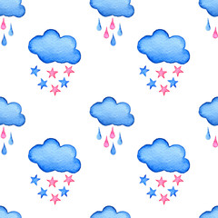Blue watercolor clouds and stars background. Hand painted cloud isolated on white.