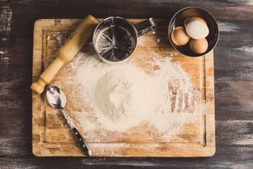 Ingredients for pasta making on the wooden table