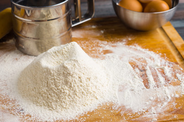 Ingredients for pasta making on the wooden table