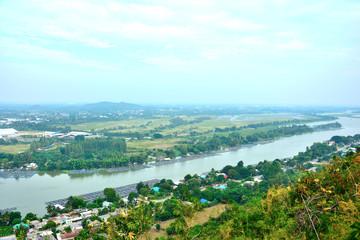 Fototapeta premium View of mountain forest tree river natural landscape with sunny.