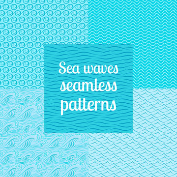 Sea waves blue seamless patterns set. Vector illustration
