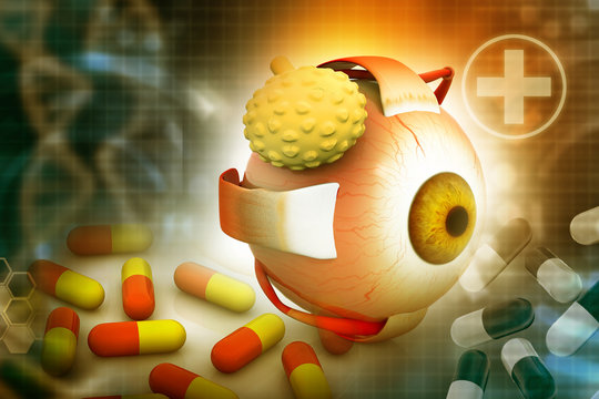 Human eye structure and medicine on abstract background. 3d render