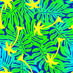 Fototapeta na wymiar Tropical textured Monstera with palm seamless pattern