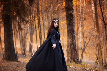 Young beautiful and mysterious woman in woods, in black cloak with hood, image of forest elf or...