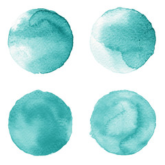 Set of blue watercolor hand painted circle isolated on white. Illustration for artistic design. Round stains, blobs