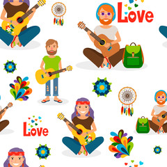 Naklejka premium Hippie people with guitar seamless pattern. Vector illustration