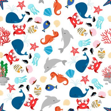 Cartoon colorful sea animal seamless pattern vector illustration