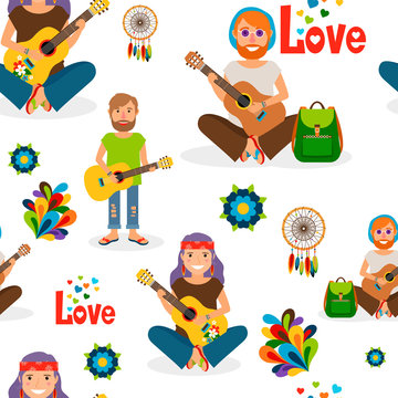 Hippie people with guitar seamless pattern. Vector illustration