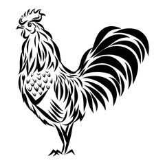 Vector illustration with black rooster silhouette isolated on white.