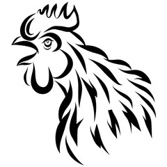Vector illustration with black rooster silhouette isolated on white. Crowing Cock.