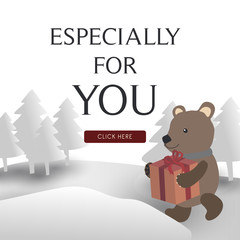 A Bear Holds A Christmas Gift In Snowy Forest Tree Background with Texts Especially For You