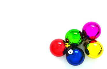 colorful Christmas decoration ball on white background, copy space