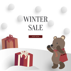 A Shopping Bear Found Presents In The Snow With Texts Winter Sale