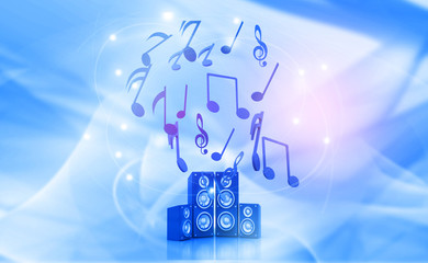 3d illustration of Musical note and speakers. Abstract musical background