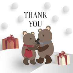 Two bears Hug Each Other In Snow with Presents and Texts Thank you
