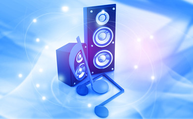 3d illustration of Musical note and speakers. Abstract musical background