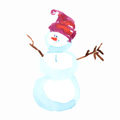 Snowman Christmas. Vector Hand drawing in watercolor technique