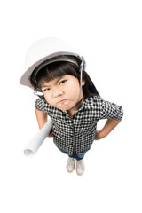 Engineer, Little girl in the construction helmet with a poster, Isolated with clipping path.