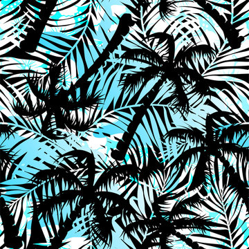 Tropical blue and black palms seamless pattern