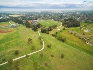 Fototapeta na wymiar Aerial view of sports oval at Bcentennial Park in Chelsea, Melbourne, Australia