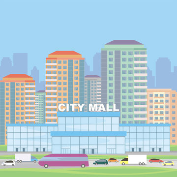 Abstract image of a modern city. Cityscape with tall buildings, skyscrapers and shopping center. Vector background for design presentations, web sites and banners.